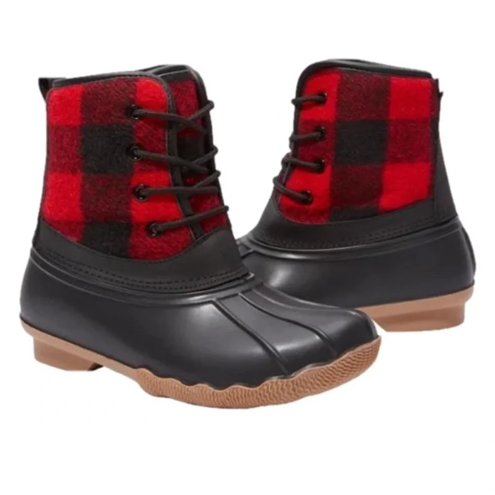 FABKIDS Duck Boots Lace Up Buffalo Plaid Black Red Big Girls 6